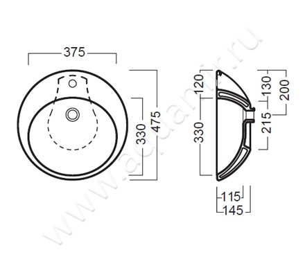 Раковина-чаша накладная с отверстием под смеситель Hatria Happy Hour 00Y0M601 размеры