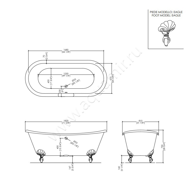 Чугунная ванна Devon & Devon Admiral Copper Effect 2MRADMIRALVARDD размеры